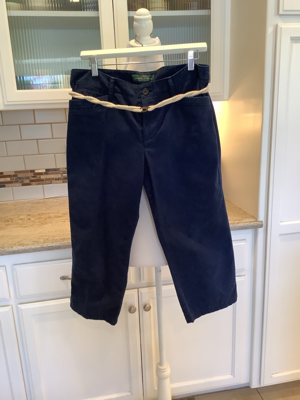 Ralph Lauren Navy Blue Rope-Waist Cropped Pants Size 8 100% Cotton Vintage
